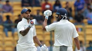 Shikhar Dhawan’s century and Murali Vijay’s magnificent knock put India on top in the one-off Test against debutant Afghanistan at the M Chinnaswamy Stadium in Bangalore on Thursday.(AFP)