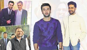 (From top left) Rohit Sharma and Jose Mourinho at a pre-Cup party; Ragul Gandhi; Ranbir Kapoor and Abhishek Bachchan.
