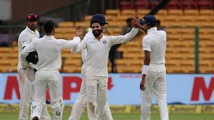 Ravindra Jadeja took four wickets as India crushed Afghanistan by an innings and 262 runs to win the one-off Test in just two days. Get live cricket score of India vs Afghanistan, one-off Test, Bangalore here.(BCCI) Ravindra Jadeja took four wickets as India crushed Afghanistan by an innings and 262 runs to win the one-off Test in just two days. Get live cricket score of India vs Afghanistan, one-off Test, Bangalore here.(BCCI)