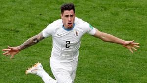 Uruguay's Jose Gimenez celebrates scoring the only goal of the game against Egypt in the FIFA World Cup 2018.(REUTERS) Uruguay's Jose Gimenez celebrates scoring the only goal of the game against Egypt in the FIFA World Cup 2018.(REUTERS)