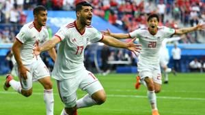 Iran's Mehdi Taremi, Majid Hosseini and Sardar Azmoun celebrate their first goal against Morocco in the FIFA World Cup 2018.(REUTERS) Iran's Mehdi Taremi, Majid Hosseini and Sardar Azmoun celebrate their first goal against Morocco in the FIFA World Cup 2018.(REUTERS)