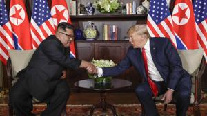 North Korea leader Kim Jong Un, left, and U.S. President Donald Trump shake hands during their first meeting at the Capella resort on Sentosa Island in Singapore on June 12, 2018.(AP) North Korea leader Kim Jong Un, left, and U.S. President Donald Trump shake hands during their first meeting at the Capella resort on Sentosa Island in Singapore on June 12, 2018.(AP)