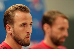 England's Harry Kane and manager Gareth Southgate during the press conference before their opening match at FIFA World Cup 2018.(REUTERS) England's Harry Kane and manager Gareth Southgate during the press conference before their opening match at FIFA World Cup 2018.(REUTERS)