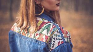 A model wears a denim jacket with geometric detailing.(Shutterstock) A model wears a denim jacket with geometric detailing.(Shutterstock)