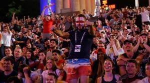 English fans at a Fan Fest celebrate their team's second goal during the FIFA World Cup 2018 match against Tunisia.(AFP) English fans at a Fan Fest celebrate their team's second goal during the FIFA World Cup 2018 match against Tunisia.(AFP)