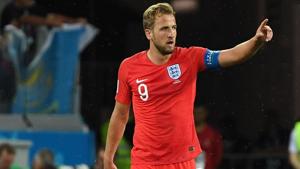 Harry Kane celebrates his second goal during the FIFA World Cup 2018 Group G match between Tunisia and England at the Volgograd Arena in Volgograd on June 18, 2018.(AFP)