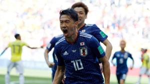 Japan's midfielder Shinji Kagawa celebrates after scoring a penalty during the Russia 2018 World Cup Group H football match against Colombia in Saransk.(AFP) Japan's midfielder Shinji Kagawa celebrates after scoring a penalty during the Russia 2018 World Cup Group H football match against Colombia in Saransk.(AFP)