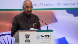 President Ram Nath Kovind was addressing the Hellenic Foundation for European and Foreign Policy in Athens.(AFP) President Ram Nath Kovind was addressing the Hellenic Foundation for European and Foreign Policy in Athens.(AFP)