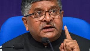 Union Minister for IT and Law and Justice Ravi Shankar Prasad during a press conference on the achievements of his ministry in last four years, in New Delhi.(PTI Photo)