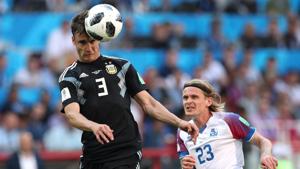 Argentina's Nicolas Tagliafico in action with Iceland's Ari Freyr Skulason at FIFA World Cup 2018.(REUTERS) Argentina's Nicolas Tagliafico in action with Iceland's Ari Freyr Skulason at FIFA World Cup 2018.(REUTERS)