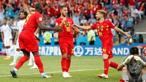 Belgium's Romelu Lukaku celebrates scoring their second goal against Panama with Eden Hazard and Dries Mertens.(REUTERS) Belgium's Romelu Lukaku celebrates scoring their second goal against Panama with Eden Hazard and Dries Mertens.(REUTERS)
