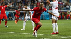 England's Harry Kane celebrates scoring their second goal against Tunisia in a FIFA World Cup 2018 match.(REUTERS) England's Harry Kane celebrates scoring their second goal against Tunisia in a FIFA World Cup 2018 match.(REUTERS)