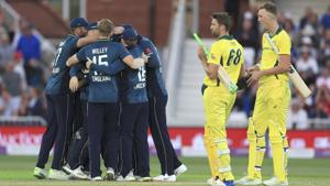 England players celebrate victory vs Australia after the final wicket falls during the ODI at Trent Bridge, Nottingham on June 19, 2018.(AP) England players celebrate victory vs Australia after the final wicket falls during the ODI at Trent Bridge, Nottingham on June 19, 2018.(AP)