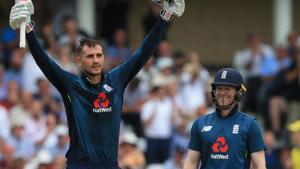 England's Alex Hales (L) celebrates his century as England's Eoin Morgan looks on during the third ODI encounter against Australia at Trent Bridge on Tuesday.(AFP) England's Alex Hales (L) celebrates his century as England's Eoin Morgan looks on during the third ODI encounter against Australia at Trent Bridge on Tuesday.(AFP)