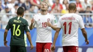 Denmark's Christian Eriksen, centre, reacts during their Group C match vs Australia at the 2018 FIFA World Cup in the Samara Arena in Samara on Thursday.(AP) Denmark's Christian Eriksen, centre, reacts during their Group C match vs Australia at the 2018 FIFA World Cup in the Samara Arena in Samara on Thursday.(AP)