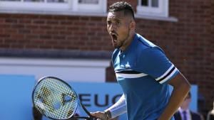 Nick Kyrgios of Australia celebrates winning his quarterfinal tennis match against Feliciano Lopez of Spain at the Queen's Club tennis tournament in London on June 22, 2018.(AP) Nick Kyrgios of Australia celebrates winning his quarterfinal tennis match against Feliciano Lopez of Spain at the Queen's Club tennis tournament in London on June 22, 2018.(AP)
