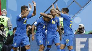 Brazil's Philippe Coutinho, second left, celebrates with Neymar, second right, after scoring the opening goal against Costa Rica in a FIFA World Cup 2018 match.(AP) Brazil's Philippe Coutinho, second left, celebrates with Neymar, second right, after scoring the opening goal against Costa Rica in a FIFA World Cup 2018 match.(AP)