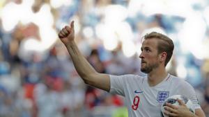 England's Harry Kane celebrates his team's 6-1 victory at the end of the group G match between England and Panama at the 2018 soccer World Cup.(AP) England's Harry Kane celebrates his team's 6-1 victory at the end of the group G match between England and Panama at the 2018 soccer World Cup.(AP)