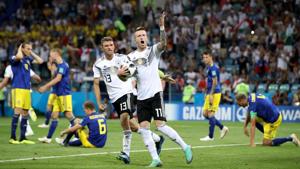 Marco Reus scored for Germany and Toni Kroos scored a goal in the 95th minute to help Germany beat Sweden 2-1 and keep their chances of reaching the last 16 alive.(REUTERS) Marco Reus scored for Germany and Toni Kroos scored a goal in the 95th minute to help Germany beat Sweden 2-1 and keep their chances of reaching the last 16 alive.(REUTERS)