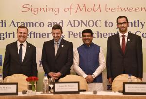 Aramco president & CEO Amin H Nasser, UAE minister of foreign affairs Abdullah bin Zayed Al Nahyan, petroleum and natural gas minister Dharmendra Pradhan and chairman of the board of directors of Abu Dhabi Ports Sultan Ahmed Al Jaber, pose for a photo after signing an MoU, in New Delhi on Monday.(PTI Photn)
