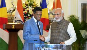 Prime Minister Narendra Modi pose for a photo with model of Dornier aircraft which will be gifted to Seychelles President Danny Antoine Rollen Faure after their meeting at Hyderabad House, in New Delhi on Monday, June 25, 2018.(PTI Photo) Prime Minister Narendra Modi pose for a photo with model of Dornier aircraft which will be gifted to Seychelles President Danny Antoine Rollen Faure after their meeting at Hyderabad House, in New Delhi on Monday, June 25, 2018.(PTI Photo)