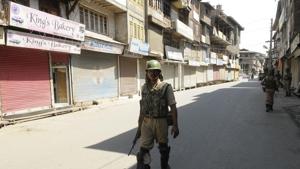 A paramilitary soldier stands guard in a closed market during a strike at Maisuma in Srinagar on Monday.(Waseem Andrabi/ Hindustan Times) A paramilitary soldier stands guard in a closed market during a strike at Maisuma in Srinagar on Monday.(Waseem Andrabi/ Hindustan Times)