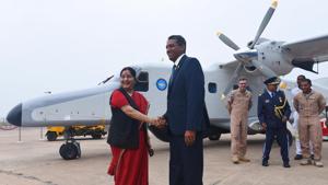 Sushma Swaraj hands over Dornier aircraft to Seychelles President Danny Faure.(Vipin Kumar / HT Photo) Sushma Swaraj hands over Dornier aircraft to Seychelles President Danny Faure.(Vipin Kumar / HT Photo)