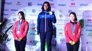 Manu Bhaker after winning the gold medal at the ISSF Junior World Cup .(HT Photo) Manu Bhaker after winning the gold medal at the ISSF Junior World Cup .(HT Photo)