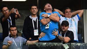 Former Argentina forward Diego Maradona (C) celebrates the opening goal during the FIFA World Cup Group D football match between Nigeria and Argentina at the Saint Petersburg Stadium.(AFP) Former Argentina forward Diego Maradona (C) celebrates the opening goal during the FIFA World Cup Group D football match between Nigeria and Argentina at the Saint Petersburg Stadium.(AFP)