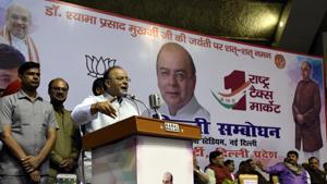 Union Finance and Defence Minister Arun Jaitley address a programme before the start of GST Delhi Sambodhan organized by the Delhi.(Sonu Mehta/HT PHOTO) Union Finance and Defence Minister Arun Jaitley address a programme before the start of GST Delhi Sambodhan organized by the Delhi.(Sonu Mehta/HT PHOTO)