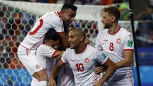 Tunisia's Wahbi Khazri (10) celebrates with teammates after scoring his side's second goal during the Group G match against Panama at the 2018 FIFA World Cup at the Mordovia Arena in Saransk on Thursday.(AP) Tunisia's Wahbi Khazri (10) celebrates with teammates after scoring his side's second goal during the Group G match against Panama at the 2018 FIFA World Cup at the Mordovia Arena in Saransk on Thursday.(AP)