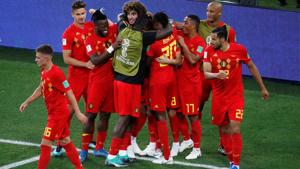 Belgium's Adnan Januzaj celebrates scoring their goal with teammates in their FIFA World Cup Group G game vs England at the Kaliningrad Stadium on Thursday.(Reuters) Belgium's Adnan Januzaj celebrates scoring their goal with teammates in their FIFA World Cup Group G game vs England at the Kaliningrad Stadium on Thursday.(Reuters)