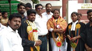Sathyasri Sharmila (in shawl) enrolled as a lawyer on Saturday.(HT Photo) Sathyasri Sharmila (in shawl) enrolled as a lawyer on Saturday.(HT Photo)