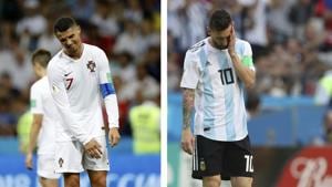 This combo photo shows Argentina's Lionel Messi (R) and Portugal's Cristiano Ronaldo reacting during their round of 16 matches against France and Uruguay, respectively, at the 2018 FIFA World Cup at the Kazan Arena and at the Fisht Stadium in Sochi, Russia, on June 30, 2018.(AP) This combo photo shows Argentina's Lionel Messi (R) and Portugal's Cristiano Ronaldo reacting during their round of 16 matches against France and Uruguay, respectively, at the 2018 FIFA World Cup at the Kazan Arena and at the Fisht Stadium in Sochi, Russia, on June 30, 2018.(AP)