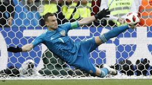 Igor Akinfeev saved the last penalty shot by Spain's Iago Aspas as Russia defeated Spain in the FIFA World Cup 2018 on Sunday.(AP) Igor Akinfeev saved the last penalty shot by Spain's Iago Aspas as Russia defeated Spain in the FIFA World Cup 2018 on Sunday.(AP)