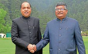 Himachal CM Jai Ram Thakur welcoming the Union minister Ravi Shankar Prasad at Annadale in Shimla on Monday.(HT Photo) Himachal CM Jai Ram Thakur welcoming the Union minister Ravi Shankar Prasad at Annadale in Shimla on Monday.(HT Photo)