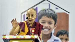 The Dalai Lama addresses teachers after the inauguration of Happiness Curriculum of the Delhi government at Thyagraj Sports Complex in New Delhi, India on Monday, July 2, 2018.(Sonu Mehta/HT Photo) The Dalai Lama addresses teachers after the inauguration of Happiness Curriculum of the Delhi government at Thyagraj Sports Complex in New Delhi, India on Monday, July 2, 2018.(Sonu Mehta/HT Photo)