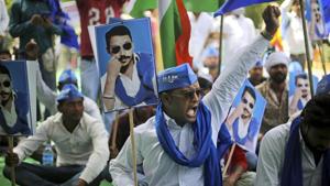A protester shouts slogans demanding the release of Dalit leader Chandrashekhar Azad in New Delhi. Azad is in jail for more than a year now without a trial.(AP) A protester shouts slogans demanding the release of Dalit leader Chandrashekhar Azad in New Delhi. Azad is in jail for more than a year now without a trial.(AP)
