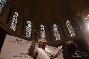 Nobel laureate Muhammad Yunus at his lecture in University of Mumbai on Monday.(Anshuman Poyrekar/HT Photo) Nobel laureate Muhammad Yunus at his lecture in University of Mumbai on Monday.(Anshuman Poyrekar/HT Photo)