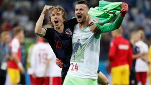 Croatia's Danijel Subasic celebrates with Luka Modric after winning the penalty shootout against Denmark in FIFA World Cup 2018 on Sunday.(REUTERS) Croatia's Danijel Subasic celebrates with Luka Modric after winning the penalty shootout against Denmark in FIFA World Cup 2018 on Sunday.(REUTERS)