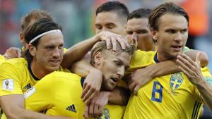 Sweden's Emil Forsberg (C) celebrates after scoring against Switzerland in the FIFA World Cup 2018 on Tuesday.(AP) Sweden's Emil Forsberg (C) celebrates after scoring against Switzerland in the FIFA World Cup 2018 on Tuesday.(AP)