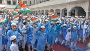 Muslim children hold the tricolour flag during the 71st Independence Day celebrations at a madrasa in Moradabad on Tuesday.(PTI File Photo) Muslim children hold the tricolour flag during the 71st Independence Day celebrations at a madrasa in Moradabad on Tuesday.(PTI File Photo)