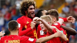Belgium's Nacer Chadli celebrates scoring their third goal with Marouane Fellaini against Japan in FIFA World Cup 2018.(REUTERS) Belgium's Nacer Chadli celebrates scoring their third goal with Marouane Fellaini against Japan in FIFA World Cup 2018.(REUTERS)