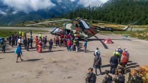 Indian pilgrims being evacuated from Simikot to Surkhet and Nepalganj, as authorities stepped up efforts to rescue those stranded there due to heavy rain while returning from the Kailash Mansarovar pilgrimage.(PTI Photo) Indian pilgrims being evacuated from Simikot to Surkhet and Nepalganj, as authorities stepped up efforts to rescue those stranded there due to heavy rain while returning from the Kailash Mansarovar pilgrimage.(PTI Photo)