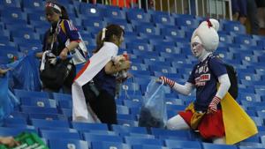 Japanese fans collect trash after the round of 16 match against Belgium in the Rostov Arena at the FIFA World Cup 2018.(AP) Japanese fans collect trash after the round of 16 match against Belgium in the Rostov Arena at the FIFA World Cup 2018.(AP)