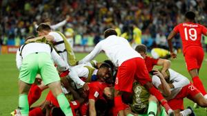 England players celebrate winning the penalty shootout against Colombia.(REUTERS) England players celebrate winning the penalty shootout against Colombia.(REUTERS)
