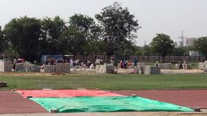 Preparations afoot for constructing a helipad at athletic ground of SMS stadium in Jaipur, ahead of the PM’s rally.(HT Photo) Preparations afoot for constructing a helipad at athletic ground of SMS stadium in Jaipur, ahead of the PM’s rally.(HT Photo)