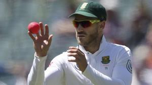 South Africa's Faf du Plessis was found guilty of changing the condition of the ball during the test in Hobart by applying spit to the ball while licking a boiled sweet.(AP) South Africa's Faf du Plessis was found guilty of changing the condition of the ball during the test in Hobart by applying spit to the ball while licking a boiled sweet.(AP)