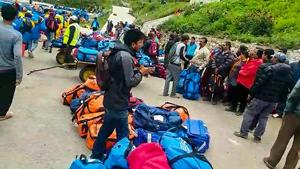 Indian pilgrims being evacuated from Simikot to Surkhet and Nepalganj, as authorities stepped up efforts to rescue those stranded there due to heavy rain while returning from the Kailash Mansarovar pilgrimage in Tibet in Simikot on Thursday.(PTI Photo) Indian pilgrims being evacuated from Simikot to Surkhet and Nepalganj, as authorities stepped up efforts to rescue those stranded there due to heavy rain while returning from the Kailash Mansarovar pilgrimage in Tibet in Simikot on Thursday.(PTI Photo)