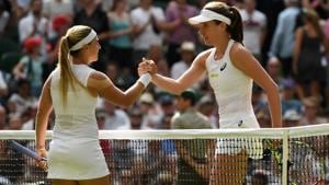 Britain's Johanna Konta shakes hands after losing the Wimbledon second round match against Slovakia's Dominika Cibulkova.(REUTERS) Britain's Johanna Konta shakes hands after losing the Wimbledon second round match against Slovakia's Dominika Cibulkova.(REUTERS)
